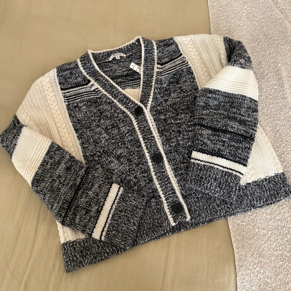 NEW Madewell Black and Cream Marled Patchwork Knit Cardigan